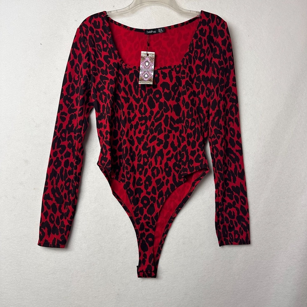 Boohoo Red Leopard Print Square Neck‎ Long Sleeve Bodysuit Womens Size 12 NEW